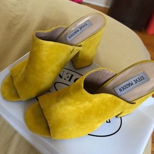 SOLD!!!!Yellow Steve Madden Suede open toed heels.